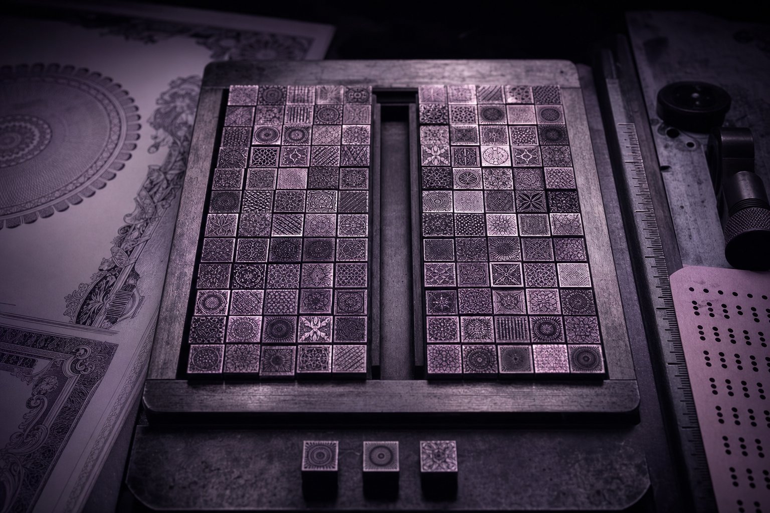 One hundred small square metal type-slugs laid out in a shallow letterpress galley, two facing columns either side of a narrow empty channel, three slugs set apart below